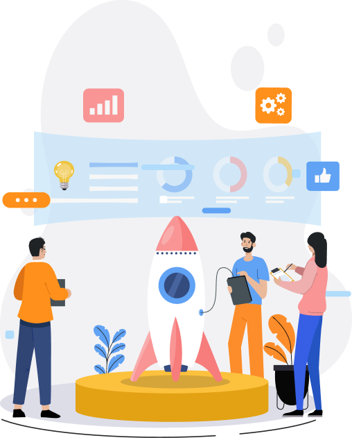 MVP development services illustration showing product launch and growth process